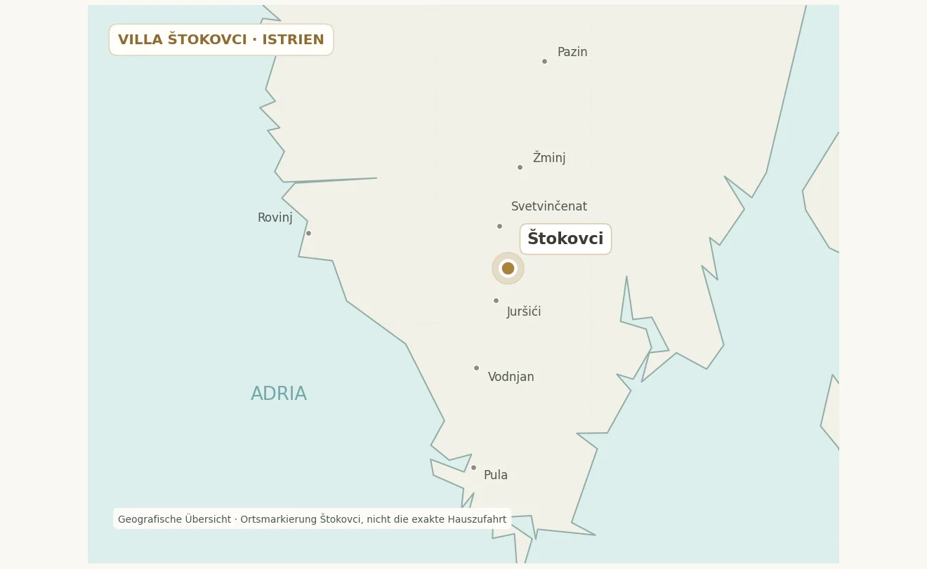 Geografische Übersicht der Halbinsel Istrien mit Štokovci, Svetvinčenat, Pula und Rovinj; Lage des Ortes Štokovci, nicht die exakte Hauszufahrt